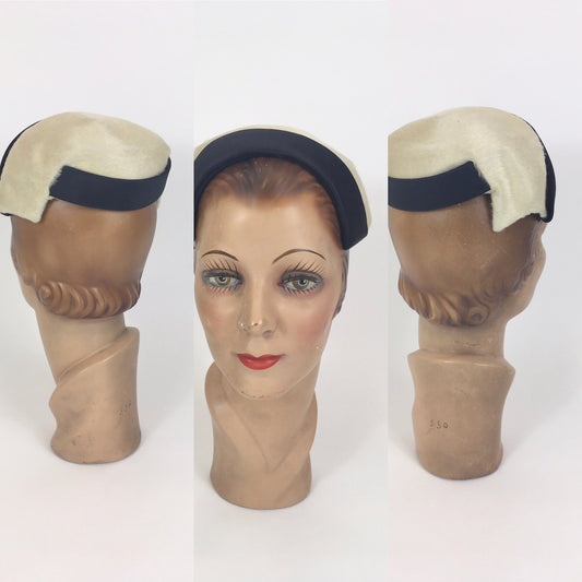 Original 1950’s Darling Headpiece in Cream with Black Banding - ‘ Emme in New York ‘ Label