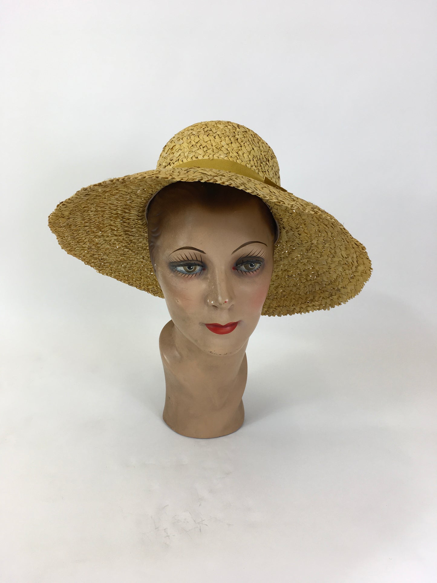 Original Early 1930’s Sensational Raffia Straw Hat - In Sunshine Yellow With Ribbon Trimming
