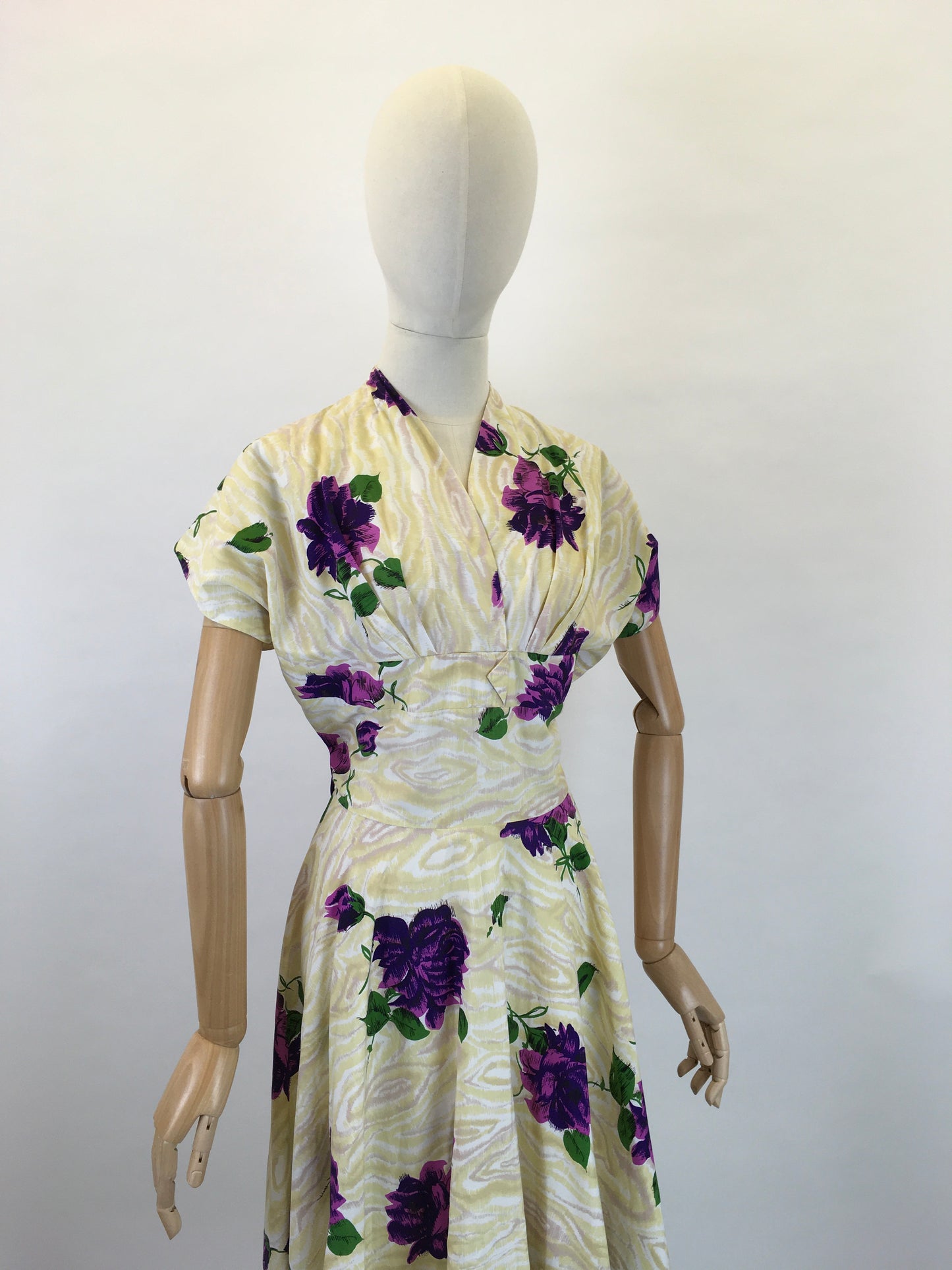 Original 1950s Darling Dress By ‘ Coopella’ - In a Lightweight Cotton In Yellow Swirls with Rich Purple Roses