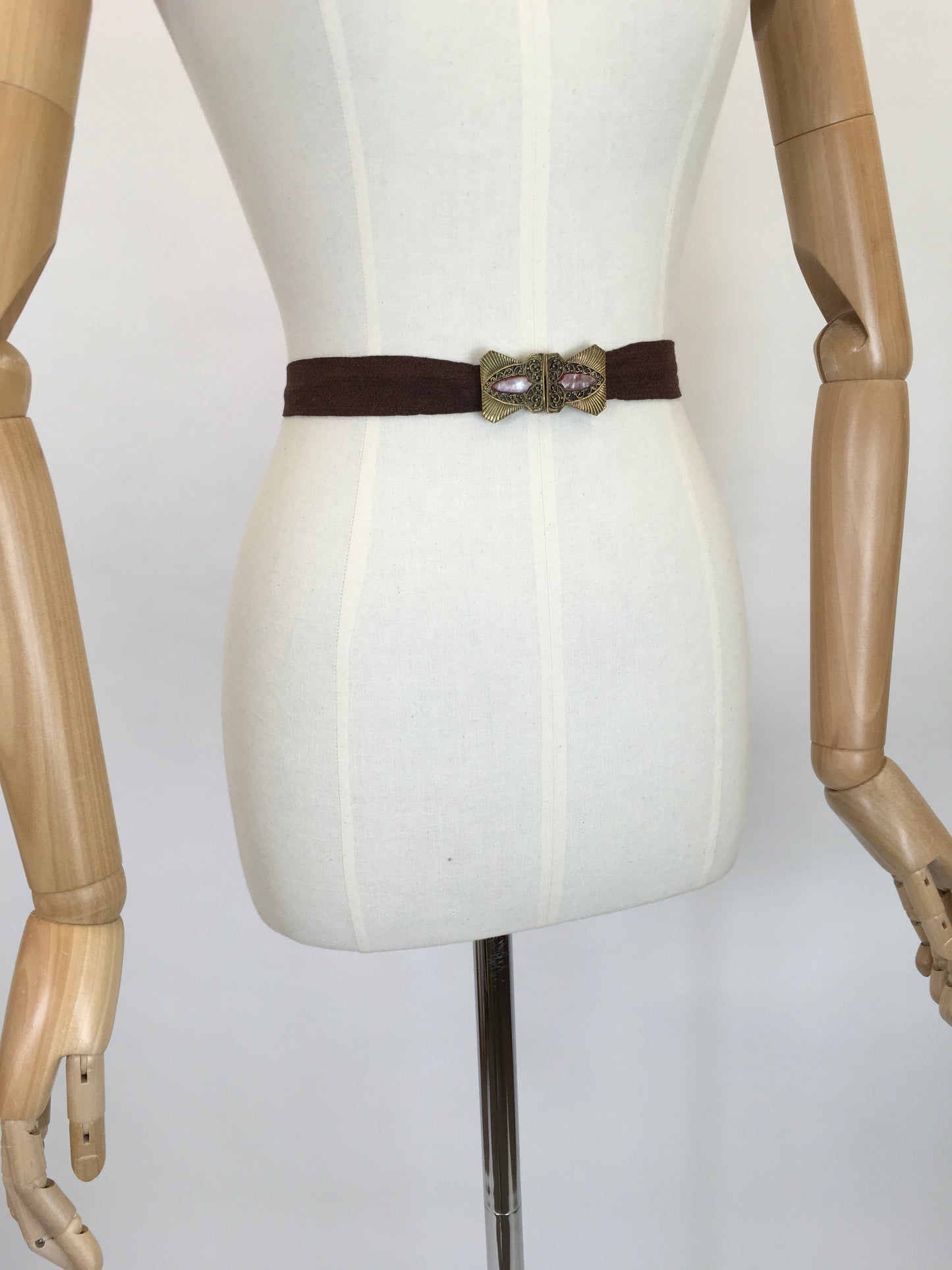 Original 1930s Deco Belt - With Deco Metal Buckle and Warm Brown Crepe Banding