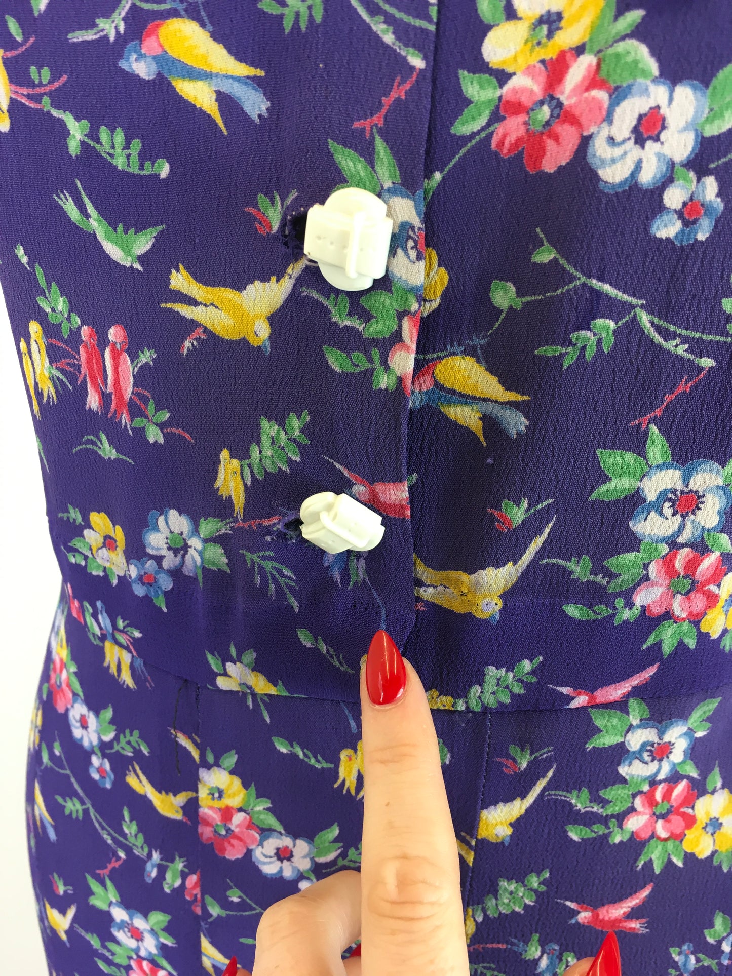 Original 1940s AS IS Novelty Print Crepe Dress - With Birds And Flowers in Rainbow colours