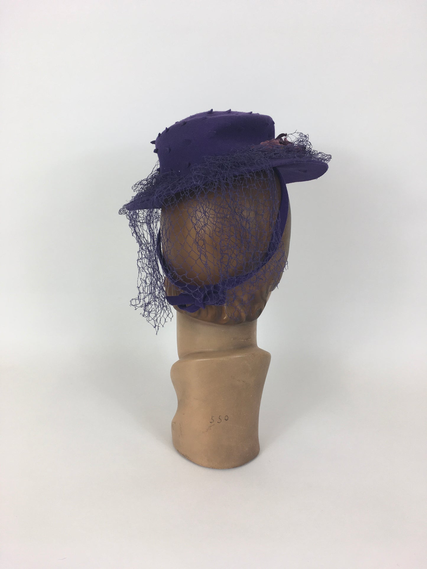 Original 1940’s SENSATIONAL Cadbury Purple Felt Topper Hat - With Cutwork Detailing, Millinery Flowers and Veiling