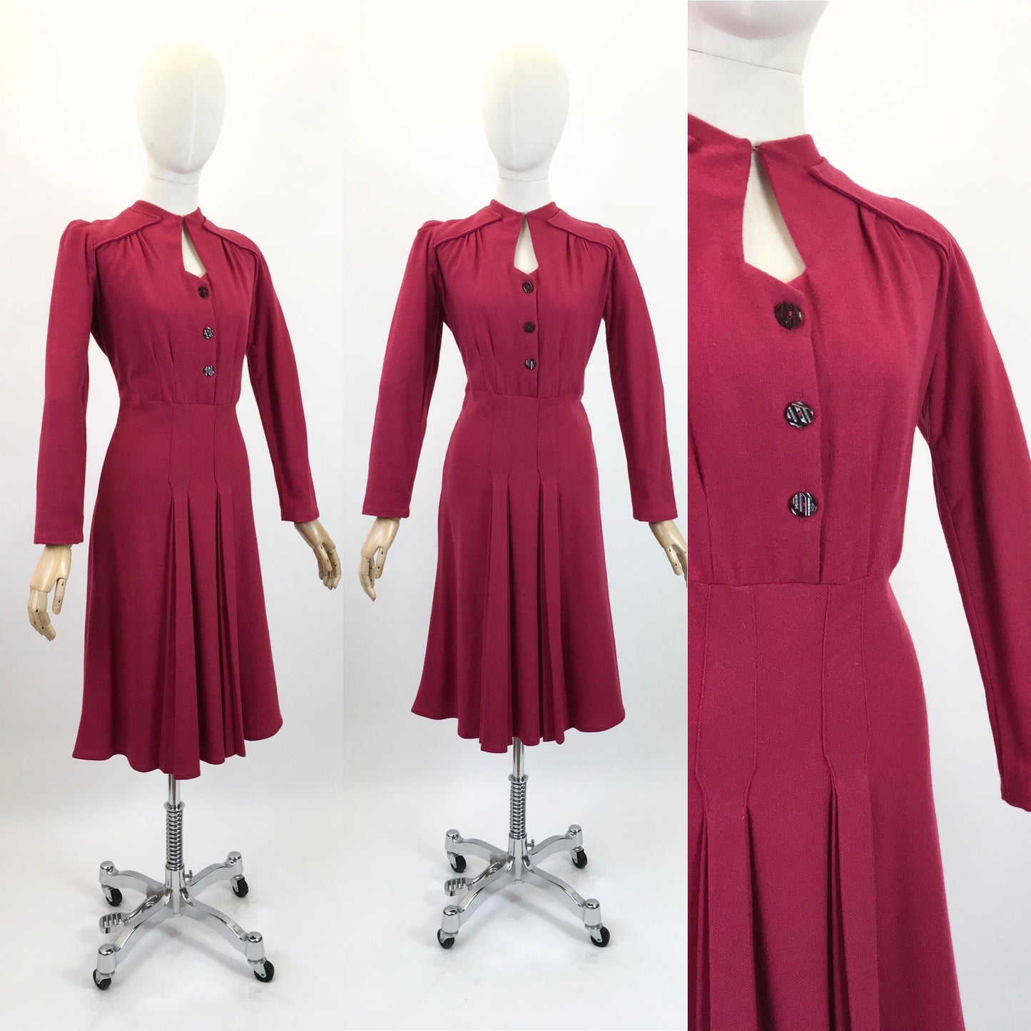 Original 1940's Early CC41 Woollen Dress - In A Bright Raspberry Red