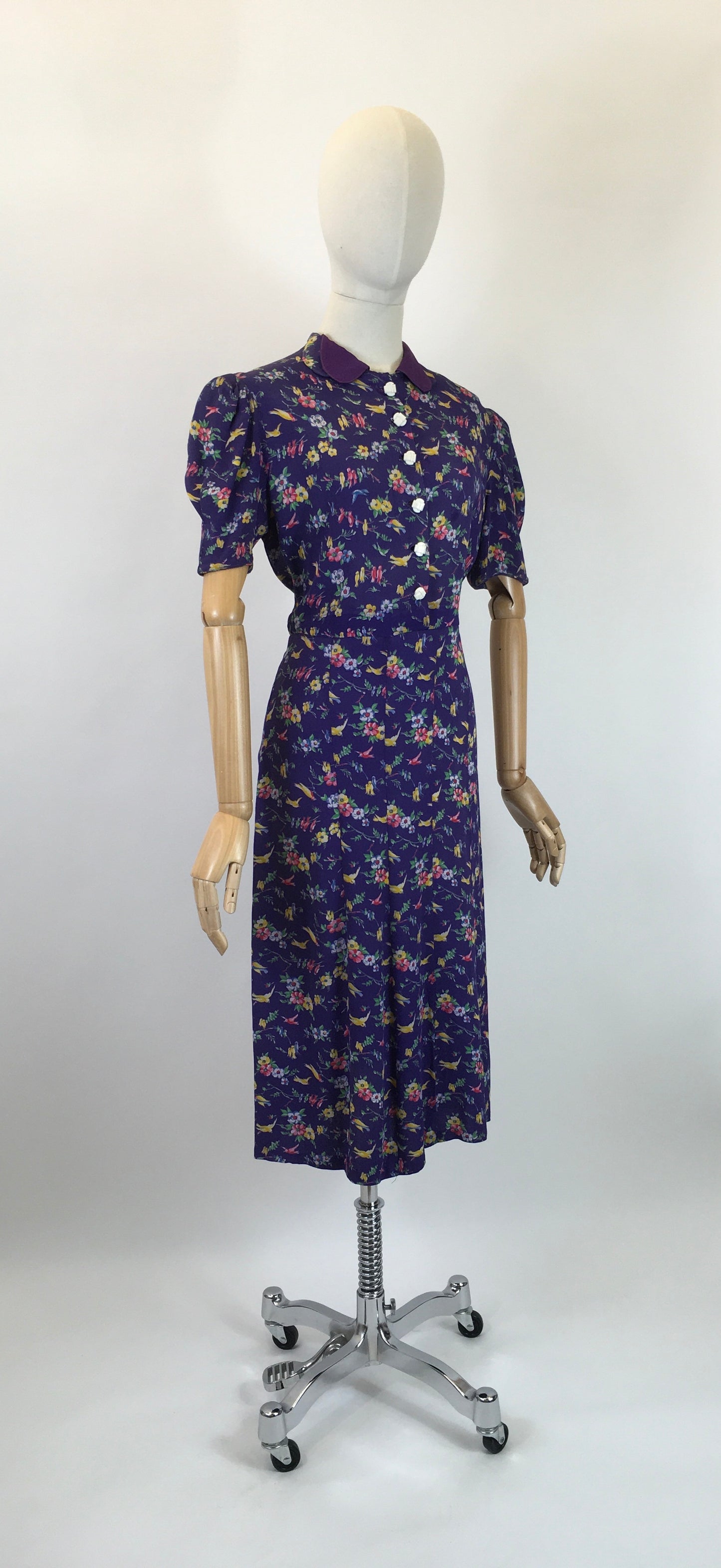 Original 1940s AS IS Novelty Print Crepe Dress - With Birds And Flowers in Rainbow colours