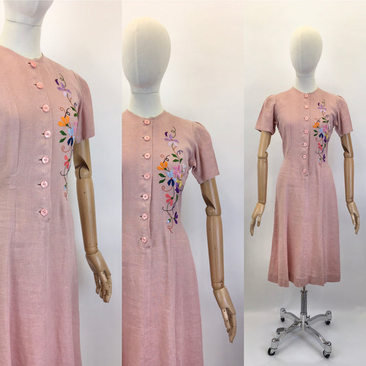 Original Early 1940’s Moygoshal Linen Dress with Embroidery - In Powdered Rose with Spring Meadow Florals