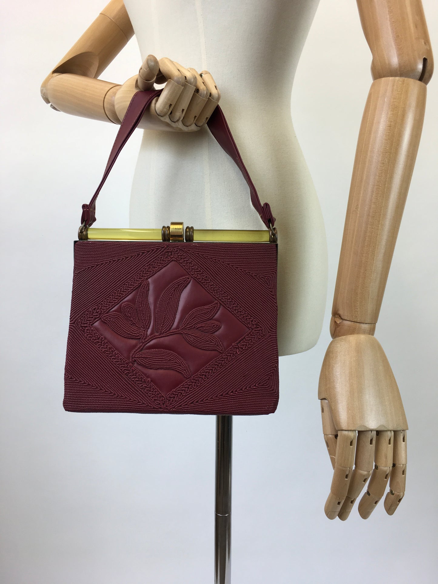 Original 1940's Sensational Vinyl Embossed Corde Handbag - In A Rich Burgundy