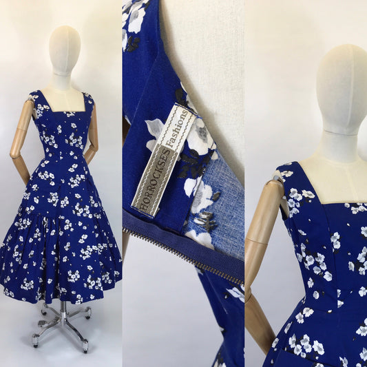 Original 1950’s STUNNING ‘ Horrockses Fashions ‘ Cotton Dress - In Rich Navy, Deep Charcoals and Soft Grey