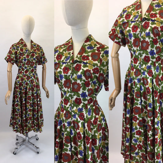 Original 1940s Floral Zip Front Dress - In Lovely Autumnal Shades of Rich Wines, Blues, Yellows and Greens