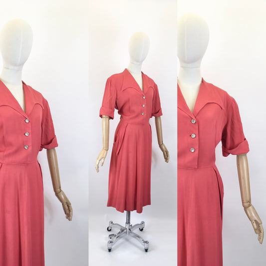 Original 1940’s Gaberdine Day Dress - In A Bright Lipstick Coral Colour