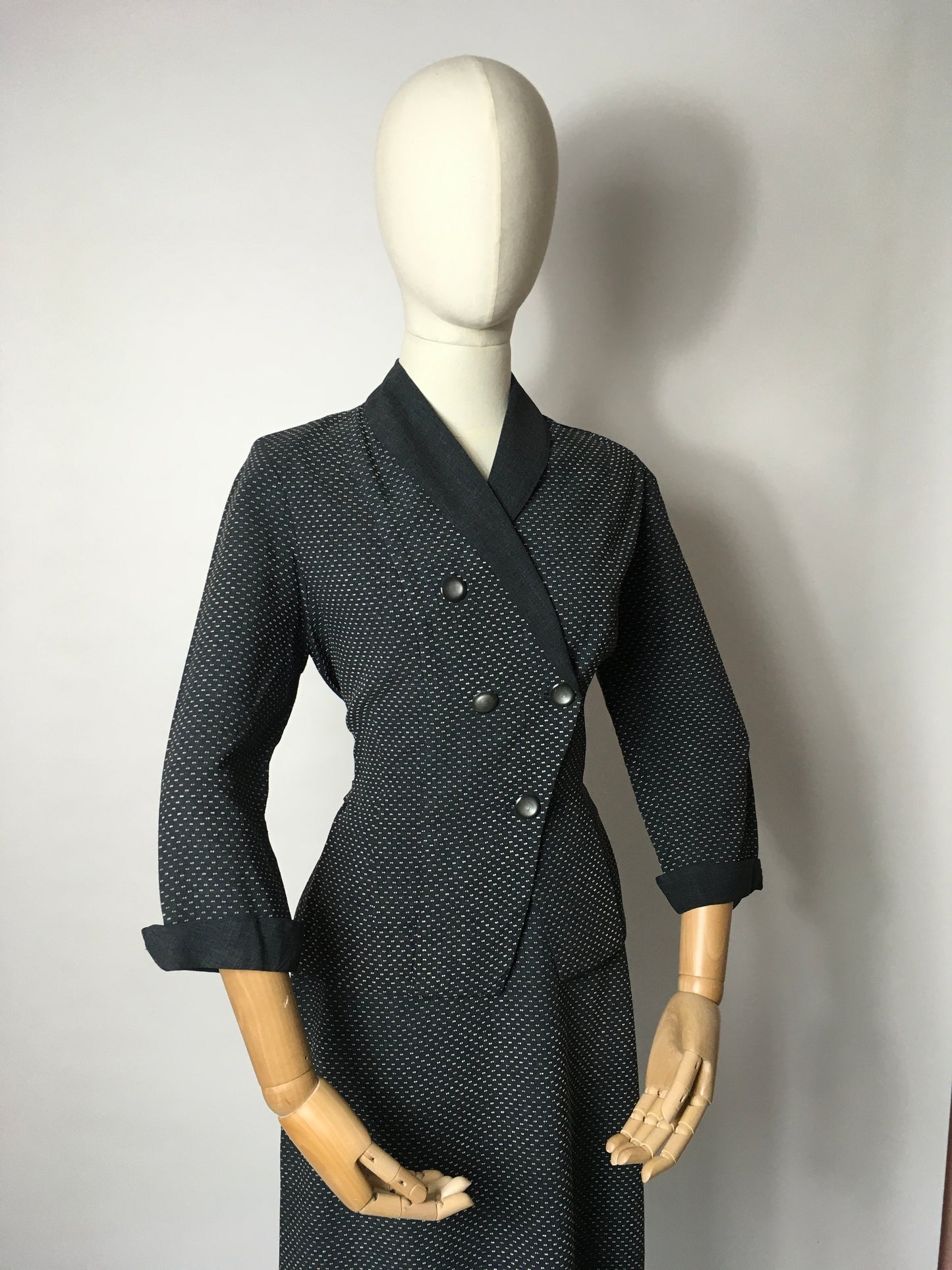 Original 1940’s Slate Grey Lightweight Suit - A lovely Asymmetric Front Shape Detailing