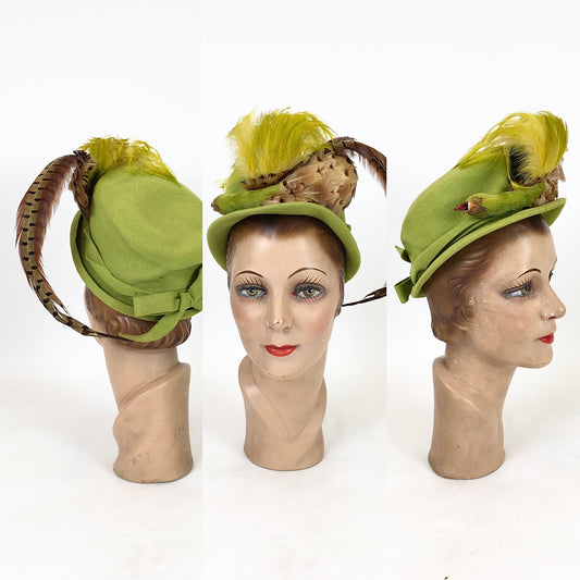 Original 1940's Sensational Chartreuse Hat - Adorned With a Bird Of Paradise