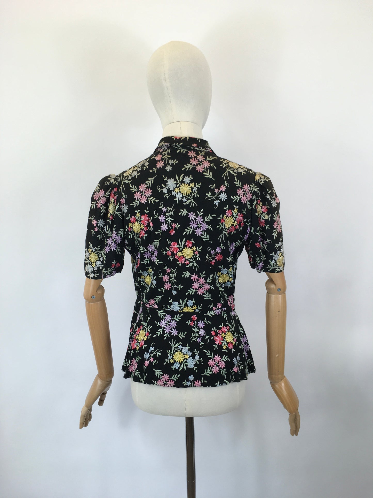 Original 1930’s Black Crepe Embroidered Blouse with Bows - In A Wild Flower Meadow Colour Pallet