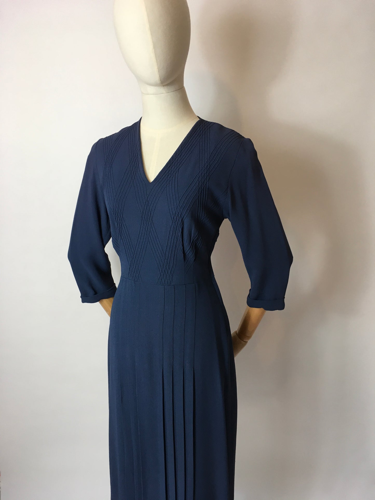 Original 1940’s Airforce Blue Crepe Day Dress - Lovely Criss Cross Detailing to the Bodice