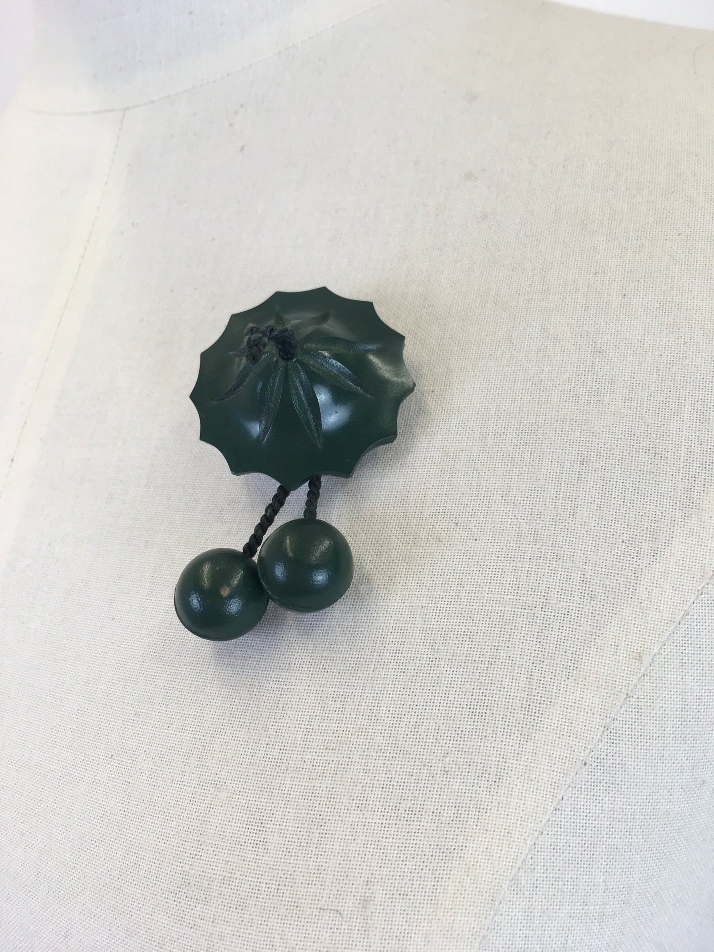 Original 1940’s Early Plastic Brooch in Forest Green - In An Amazing Shape with Dangling Balls