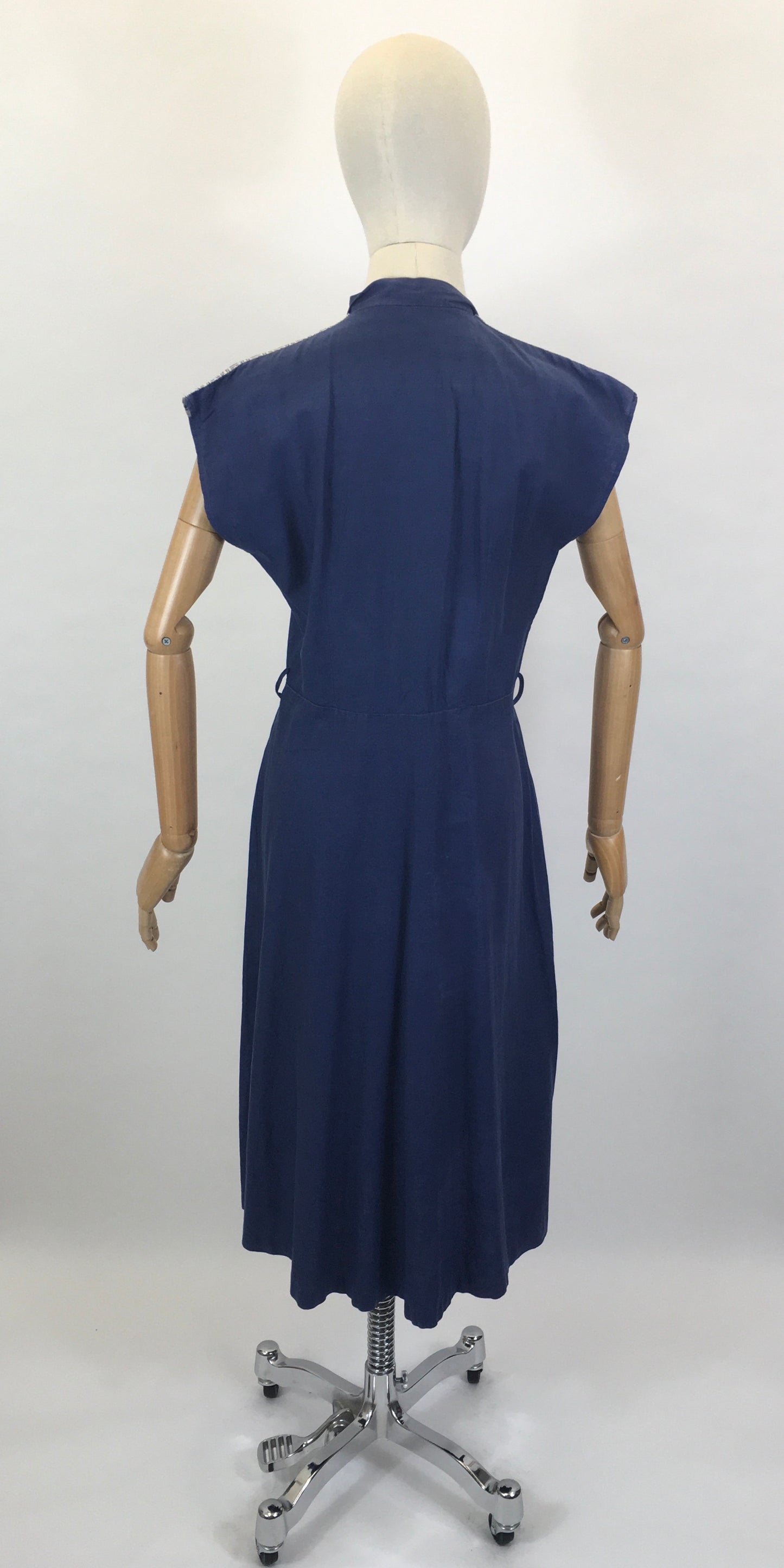 Original Early 1950’s Navy Cotton Dress - With Embroidered Detailing To The Shoulders