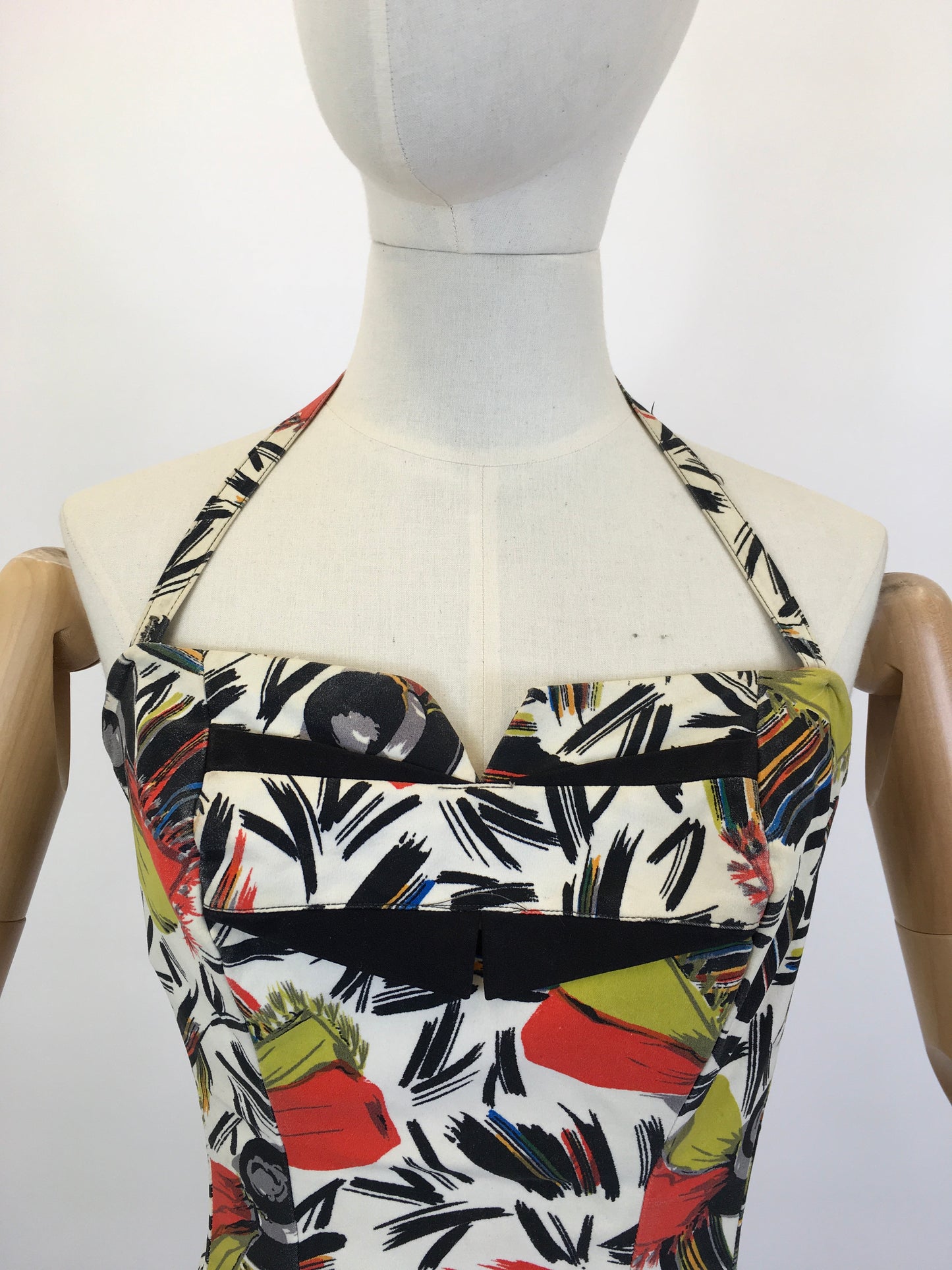 Original 1940’s Bathing Costume in A Fabulous Print - In Painted Black, Chartruese, Orange, White and Teal