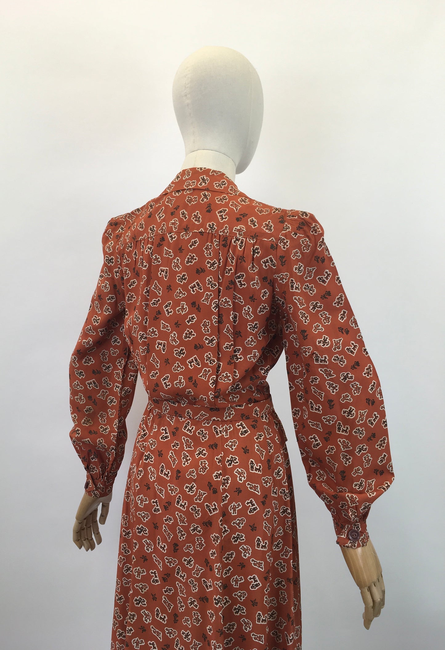 Original 1940's Gorgeous Novelty Print Dress - In A Cinnamon, Black and White Crepe De Chine