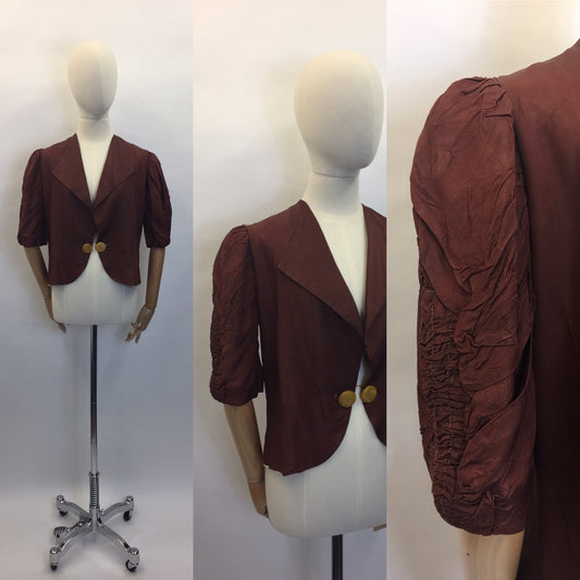 Original 1930’s Exquisite Brown Silk Jacket - Amazing Ruched sleeve detailing