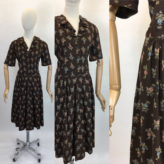 Original 1950’s Cute Floral Handmade Dress - Lovely Warm Brown, Terracotta, Blue and Greens