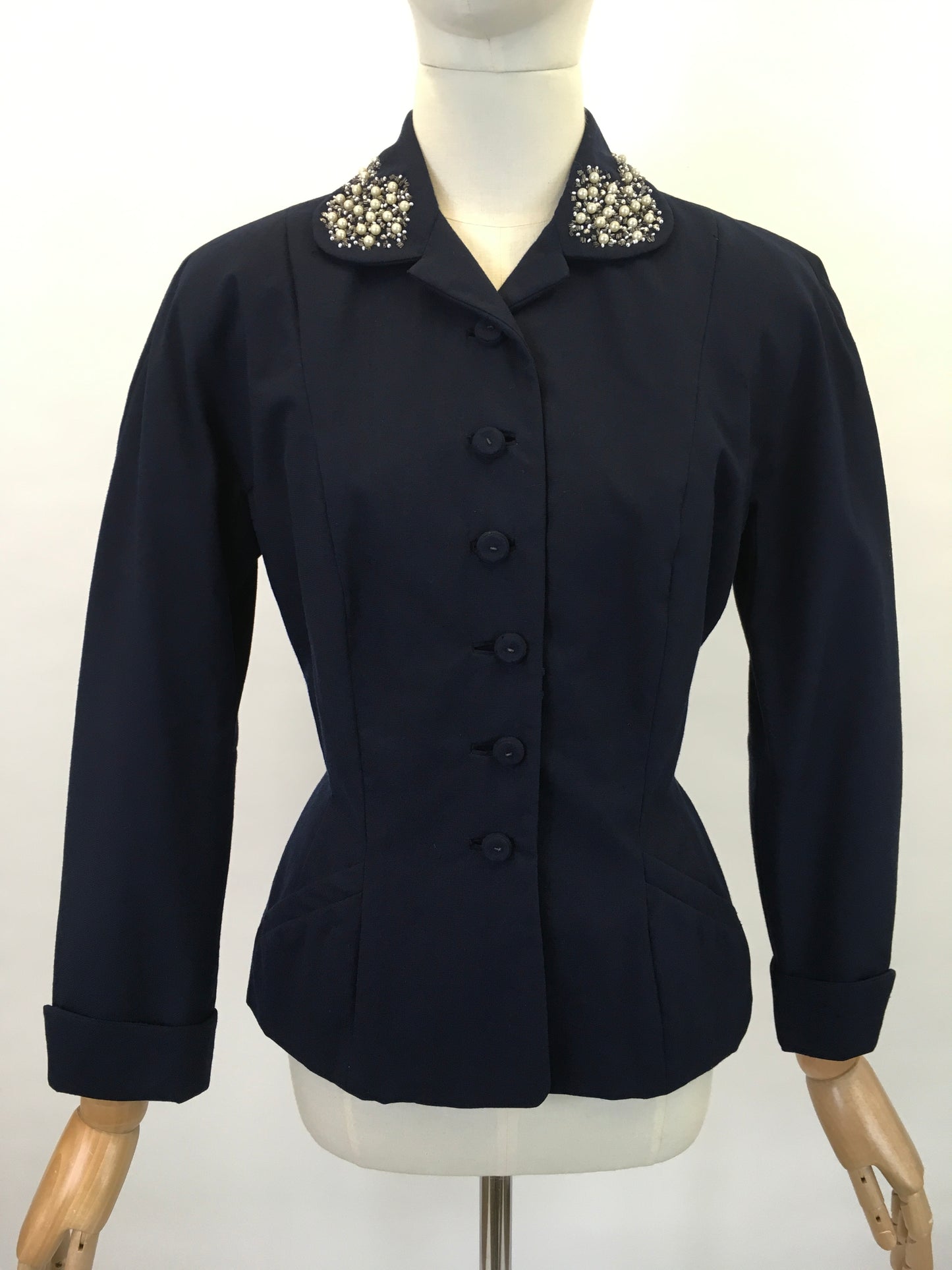 Original 1940’s NRA LABEL Navy Fitted Jacket - With Pearl & Beadwork Embelishment