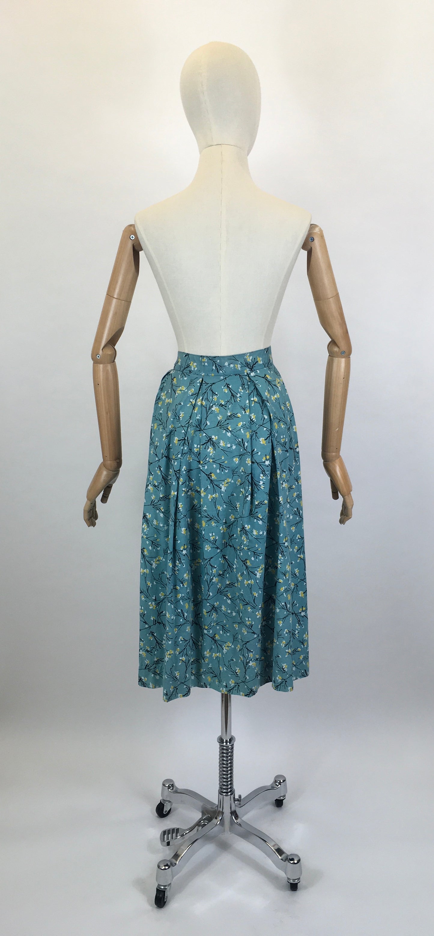 Original 1950’s Homemade Cotton Skirt - In A Lovely Blue, Yellow & Black Floral Print