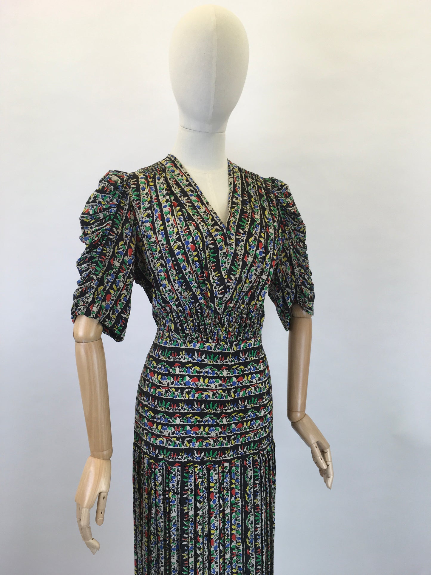 Original 1930s STUNNING Novelty Print Dress - Featuring Toadstools I’m Primary Reds, Yellows, Blues and Greens