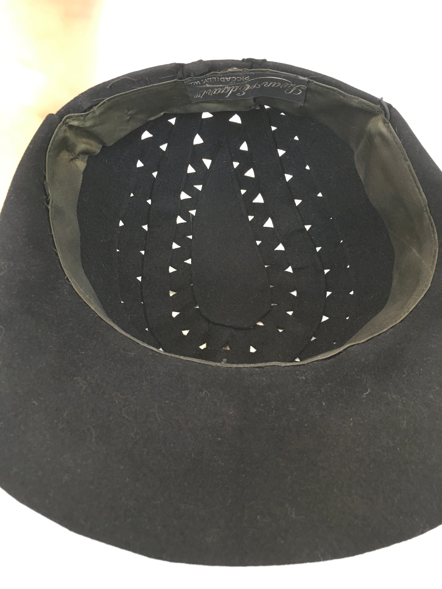 Original 1930’s Exquisite Black Hat with Cutwork Detailing & Bow - By ‘ Swan & Edgar Piccadilly ‘