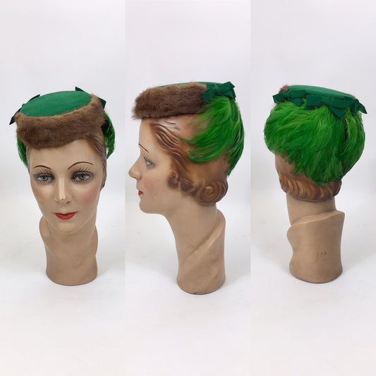 Original 1940's Stunning Head Piece - In Bottle Green Felt with Bow Trims, Fur Trim & Feather Backplate