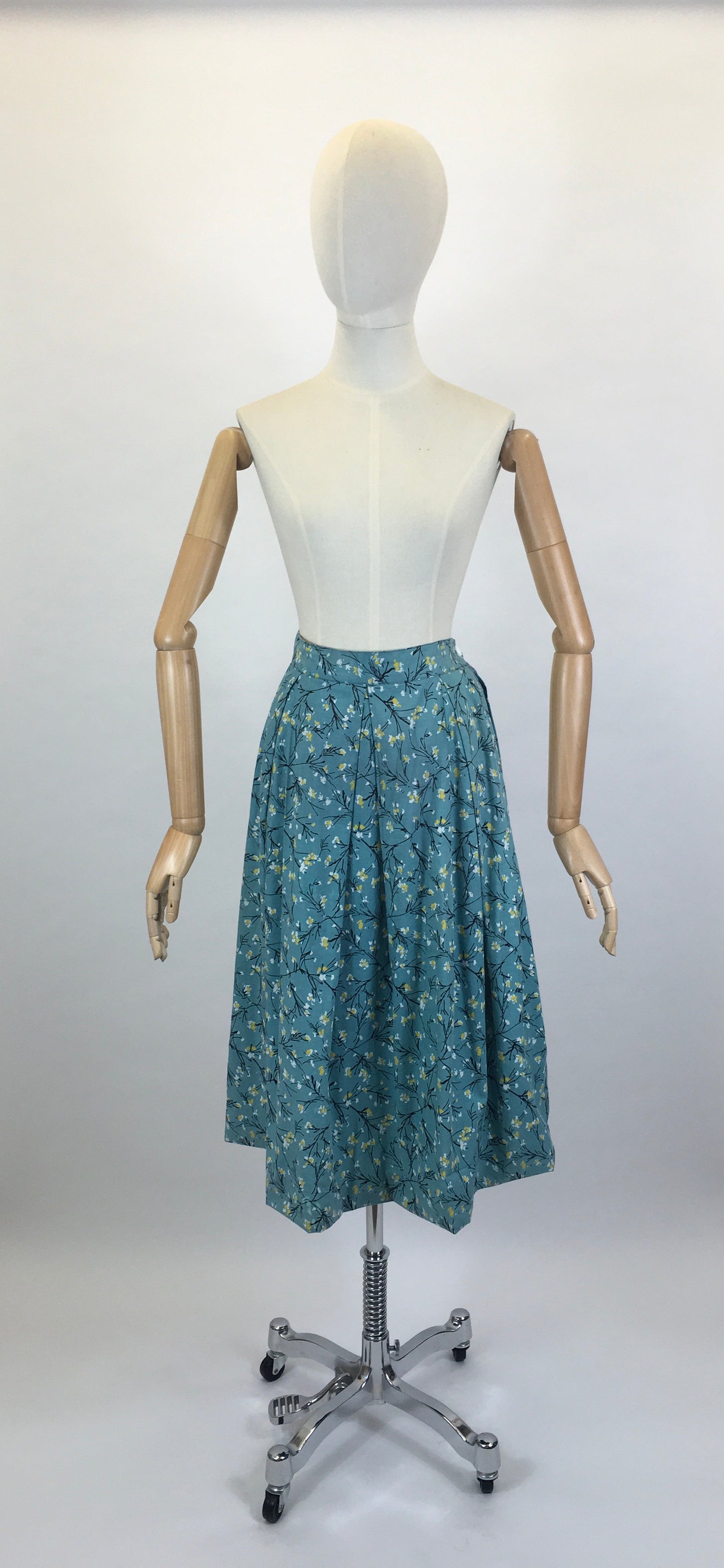 Original 1950’s Homemade Cotton Skirt - In A Lovely Blue, Yellow & Black Floral Print