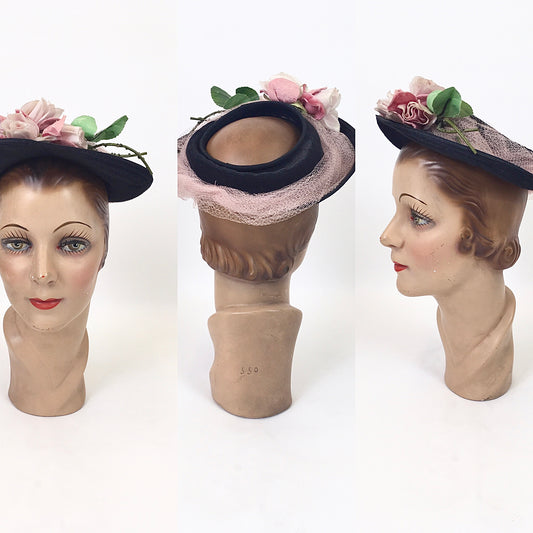 Original 1930's / 1940's Open Crown Hat - In Black with Original Floral Velvet Millinery Adornments