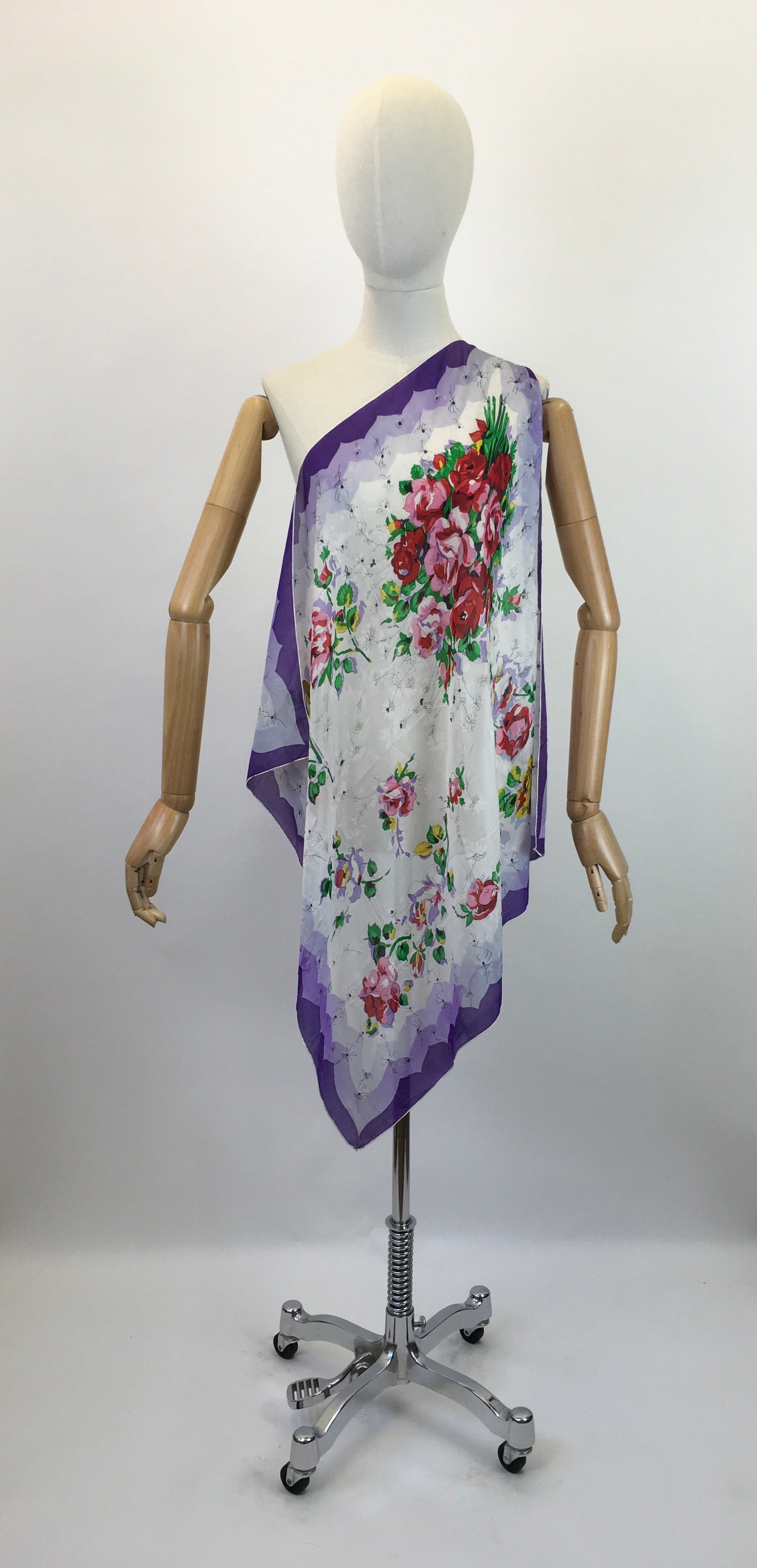 Original 1950's Darling Floral Silk Scarf - In Rich Purples, Lilac, Pink & Green