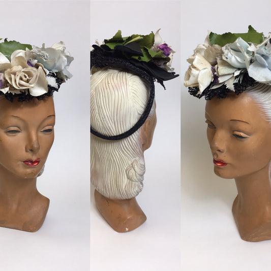 Original 1940’s Floral Tilt Hat - Beautiful Floral Adornments in Powder Blues , Purples & Ivory