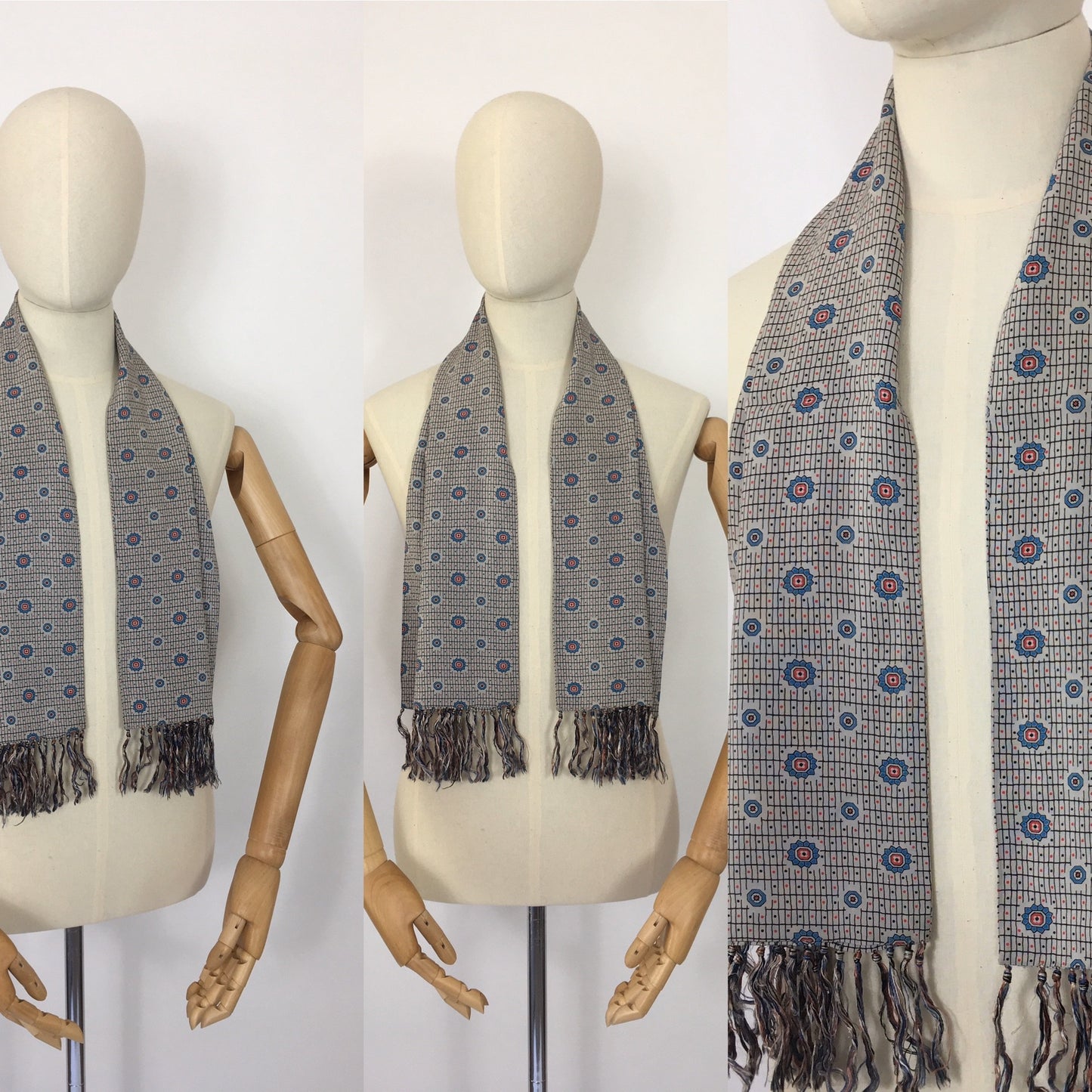 Original Late 1940’s Mens Scarf - Geometric Print in Greys, Blues and Reds
