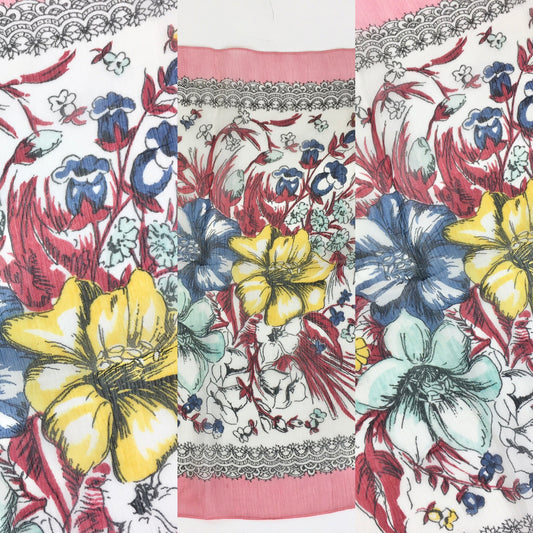 Vintage 1940’s Darling Floral Chiffon Large Hankie / Scarf - In A Springtime Meadow Colour Palette
