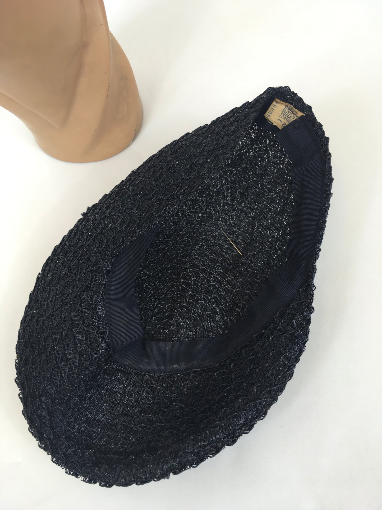 Original 1940's Navy Woven Raffia Hat - In a Sensational Shape with Hat Pin