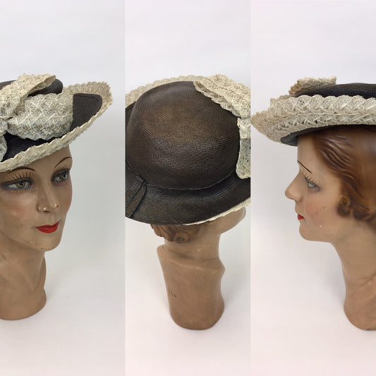 Original 1940’s Brown Grosgrain Topper Hat - With a Fabulous Cream Raffia Trim and Bow Detailing