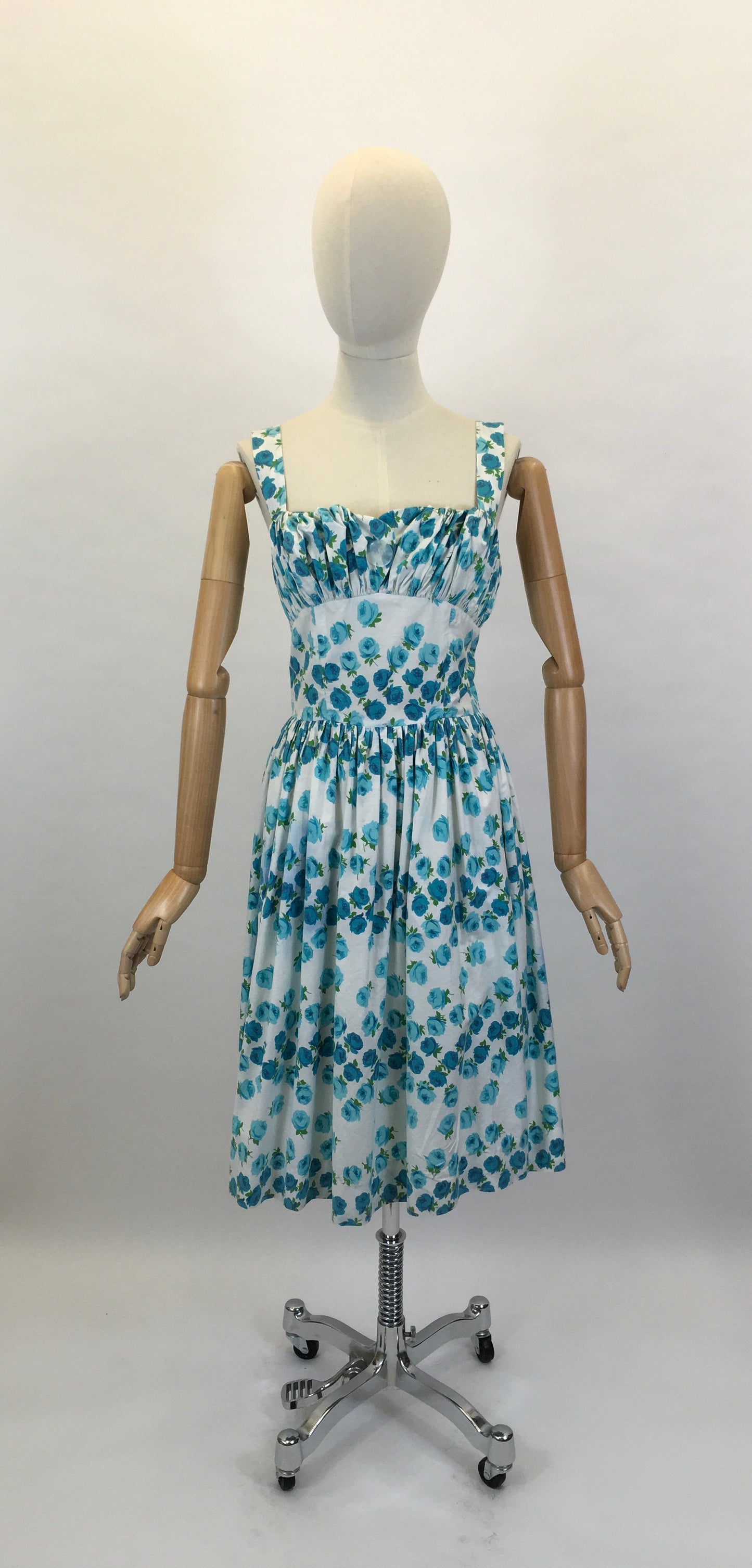 Original 1950’s Gorgeous Sun Dress - In A Beautiful Blue Rose Print Cotton