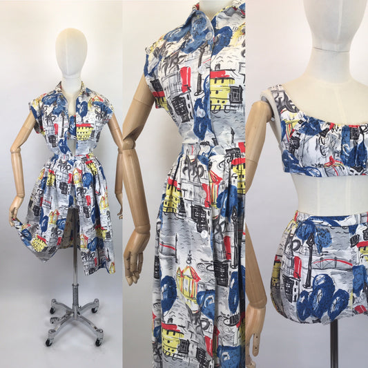 Original 1950s 4 pc Sun Set In Novelty Print Barkcloth - Sun Top, Blouse, Bloomer Shorts and Skirt