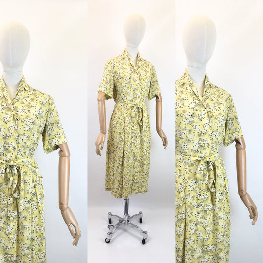 Original 1940’s Darling Floppy Cotton Day Dress - In Soft Yellow With Hints of Grey, Black and White in Floral