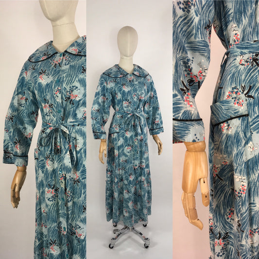 Original 1950s Housecoat by ‘ Pelaw ‘ - Made From a Beautiful Cotton In Blues, Pinks, Yellows and Blacks