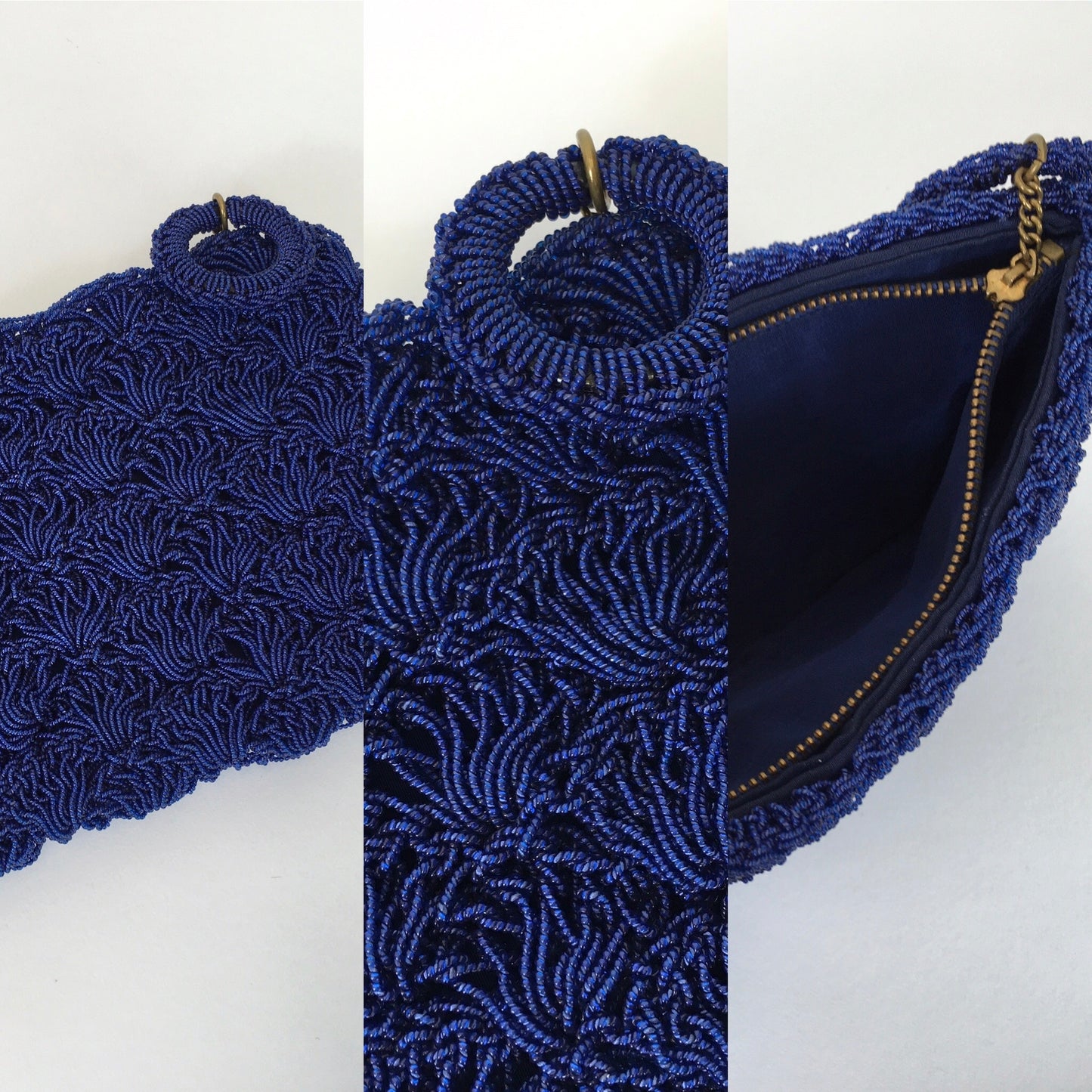 Original 1950’s Royal Blue Beaded Plastic Clutch - With Matching Circular Pull