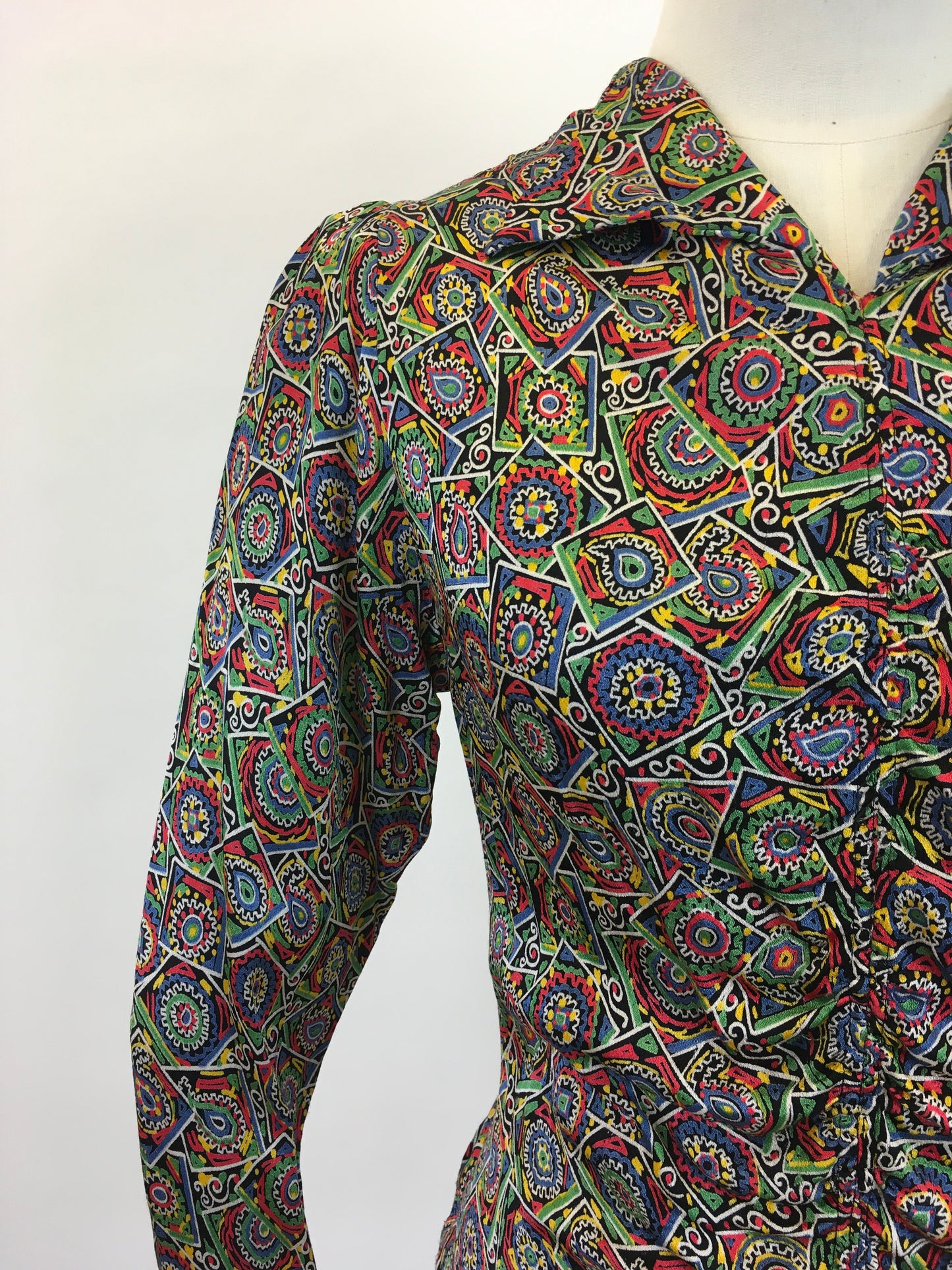 Original 1930's Sensational Rayon Blouse with Exquisite Detailing - In Vivid Reds, Blues, Yellows, Greens, Black & White