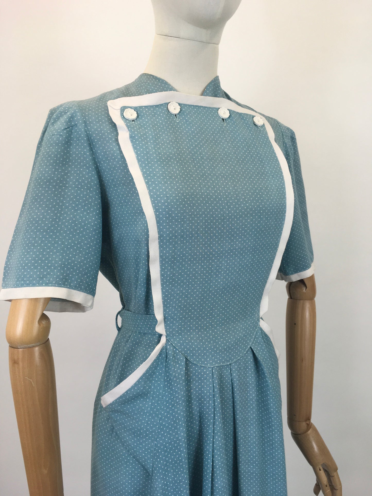 Original 1940's Stunning CC41 Utility Day Dress - In A Darling Duck Egg Blue Polka Dot