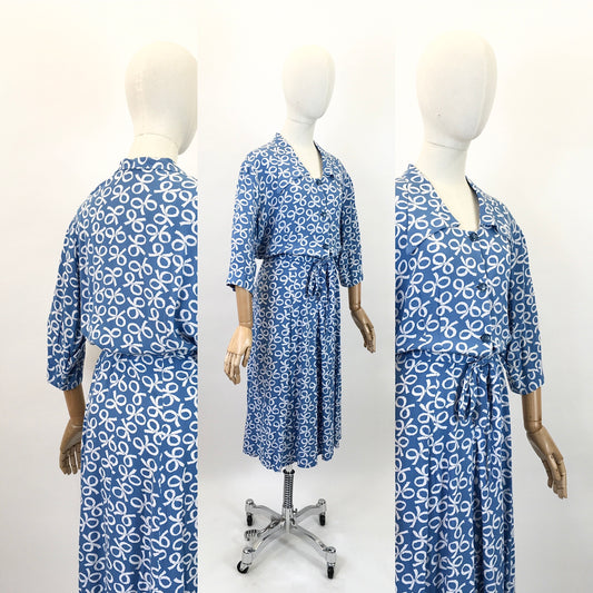 Original 1940's VOLUP Novelty Print Cotton Day Dress - Powder Blue & White Ribbons & Bows