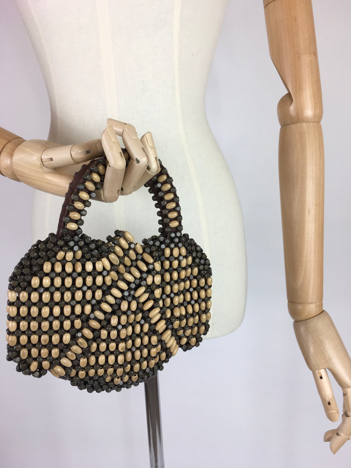 Original 1940’s Wooden Beaded Bag - In 2 Tone Brown Wooden Beads