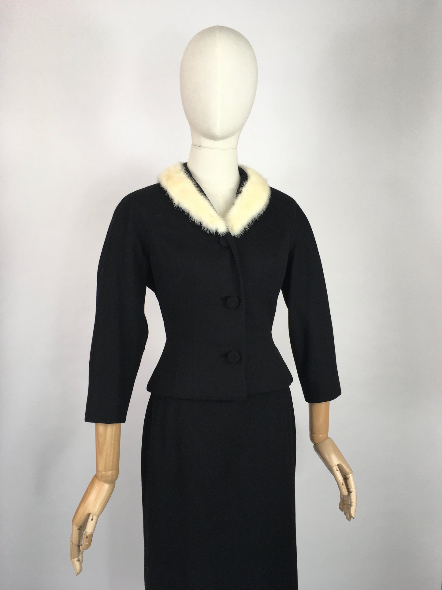 Original Early 1950s 2pc Suit with an Amazing Silhouette  - In a Lovely Black Wool with Contrast White Mink Fur Trim