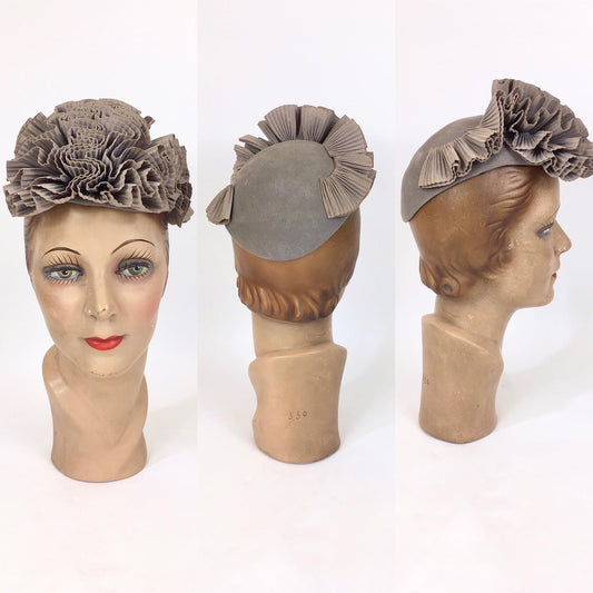 Original 1940’s Beautiful Grey Topper Hat - With Grey Grosgrain Ruffled Adornment