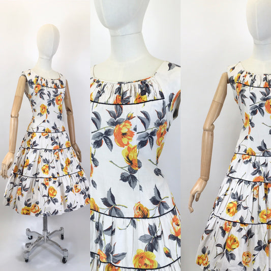 Original 1950's Darling Cotton Day Dress - In A Sunshine Yellow, Orange, Black and White