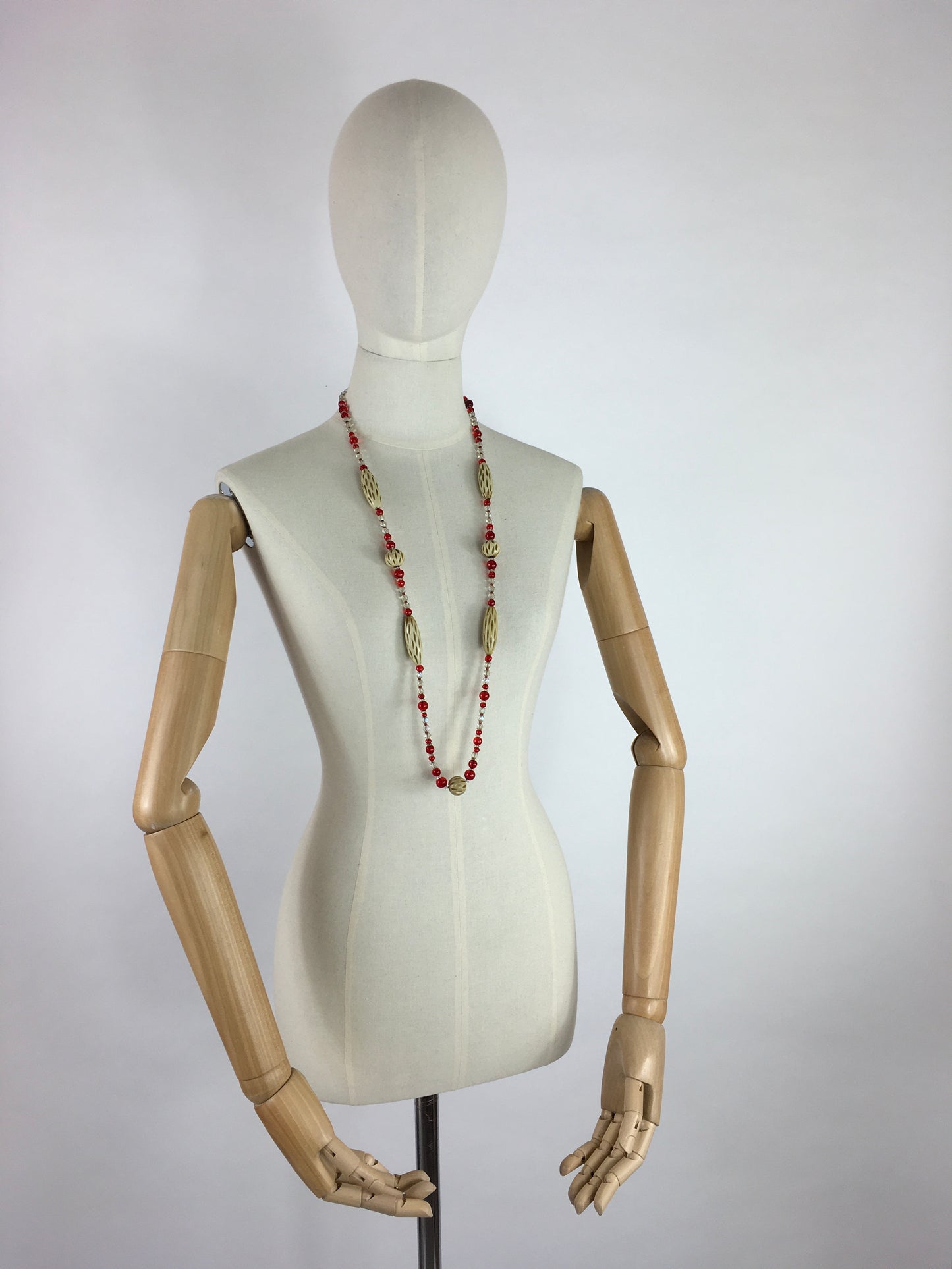 Original 1930s Long Line Necklace - In a Contrast Glass Bead and Celluloid in Reds, Clear and Soft Cream