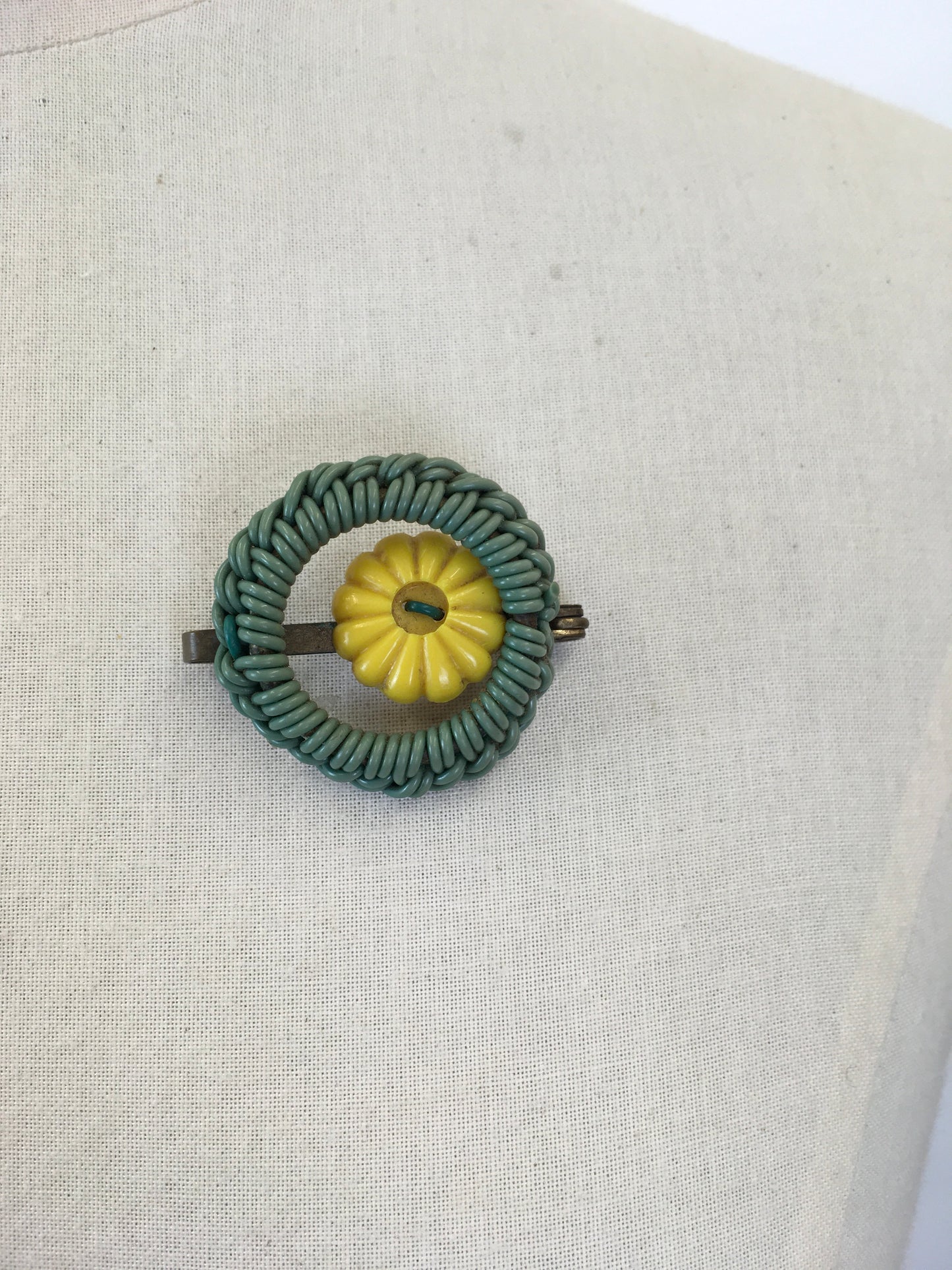 Original 1940s Telephone Cord Brooch - In Soft Green with a Sunshine Yellow Button Detailing